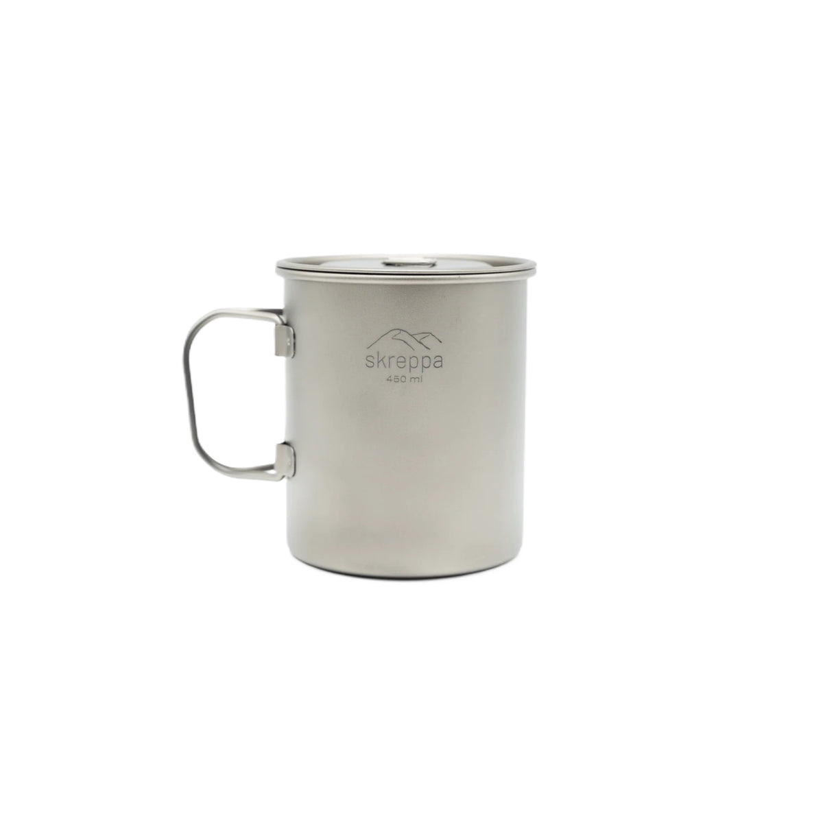 Skreppa Single Wall Titanium Mug 450ml with lid and handle for camping, lightweight travel cup, geodic design on white background.