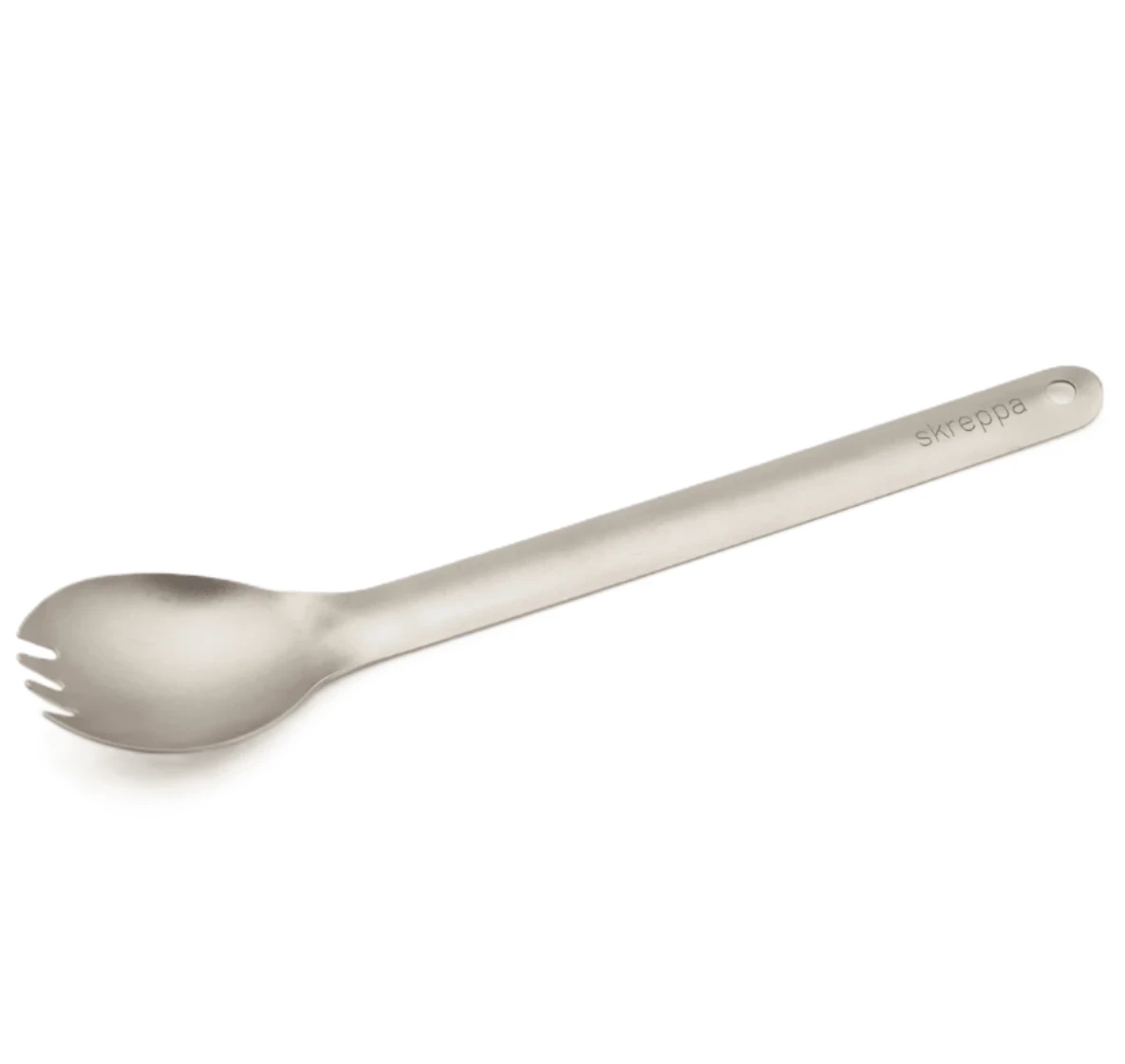 Skreppa Long Handle Titanium Spork, ultra-light raw titanium utensil with end hole, displayed on white for camping gear buyers.