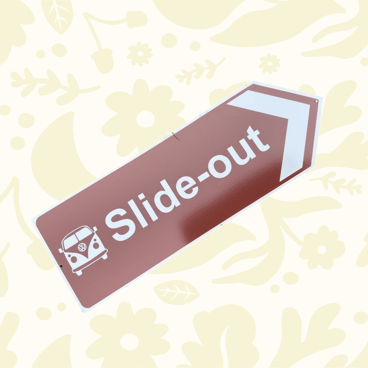 Forager Provisions LTD brown aluminium directional arrow sign for campervan slide-outs with white camper van icon