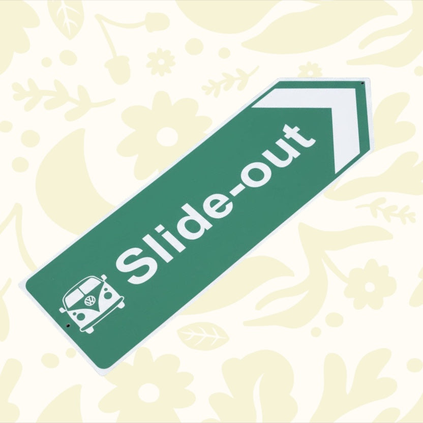 Forager Provisions green aluminum campervan slide-out arrow sign, durable 45x15cm camping accessory for outdoor adventurers.
