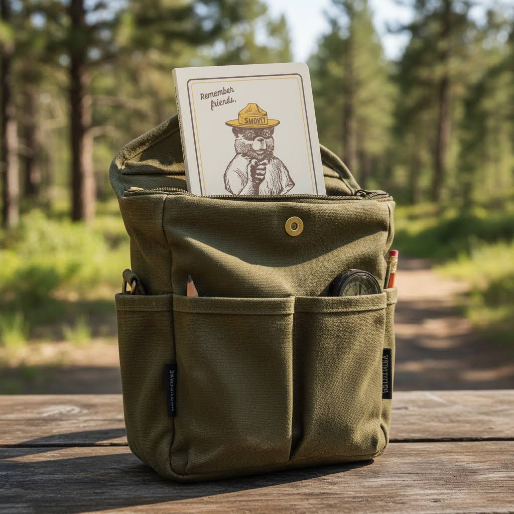 Forager Provisions LTD Smokey Bear Remember Friends notebook tucked into a green canvas utility bag on a forest table