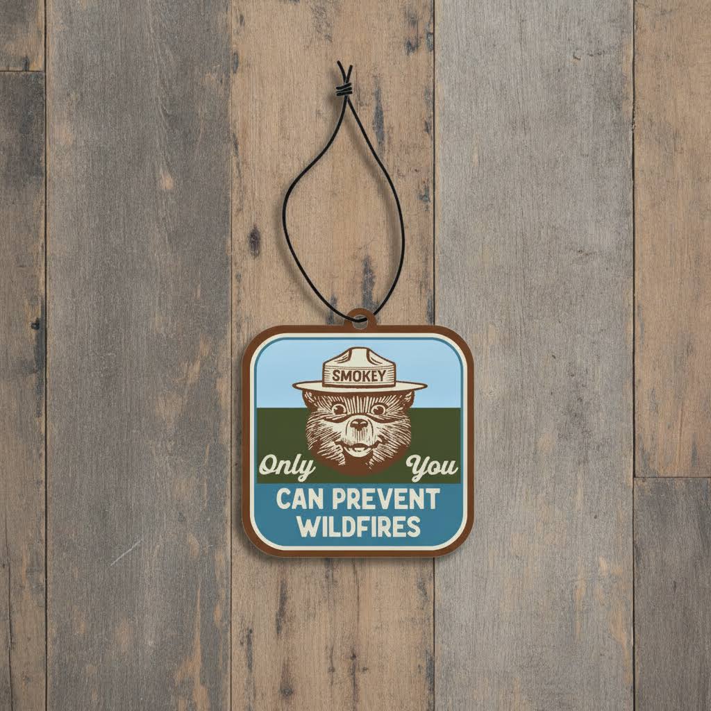Forager Provisions LTD Smokey Bear hanging air freshener with evergreen and cypress scent on a rustic wood background.