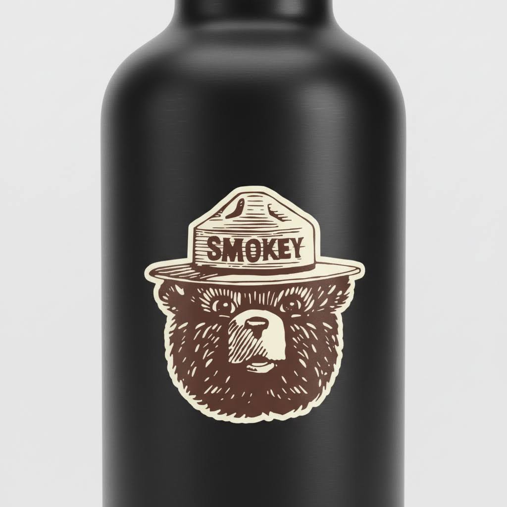 Forager Provisions LTD Smokey Bear logo sticker on a black water bottle, featuring the iconic bear face in brown.