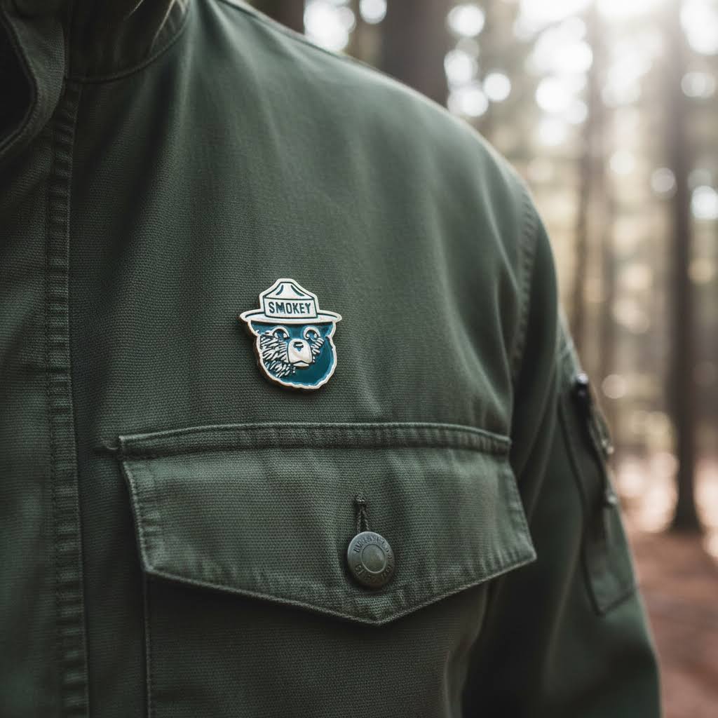 Smokey Bear enamel pin by The Landmark Projectâwildfire prevention, Smokey logo collectible for outdoor enthusiasts.