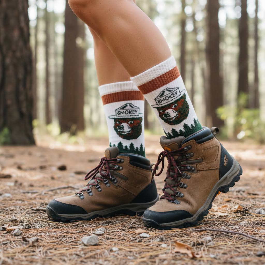 Forager Provisions LTD Smokey Bear organic cotton camp socks with tree scape design worn with brown hiking boots
