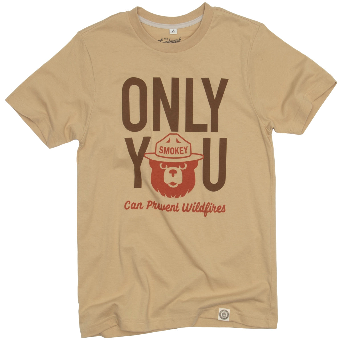 Sustainably made "The Landmark Project Only You Smokey Bear T-Shirt - Fossil," featuring the text "Only You Can Prevent Wildfires" and an image of Smokey Bear wearing a ranger hat.