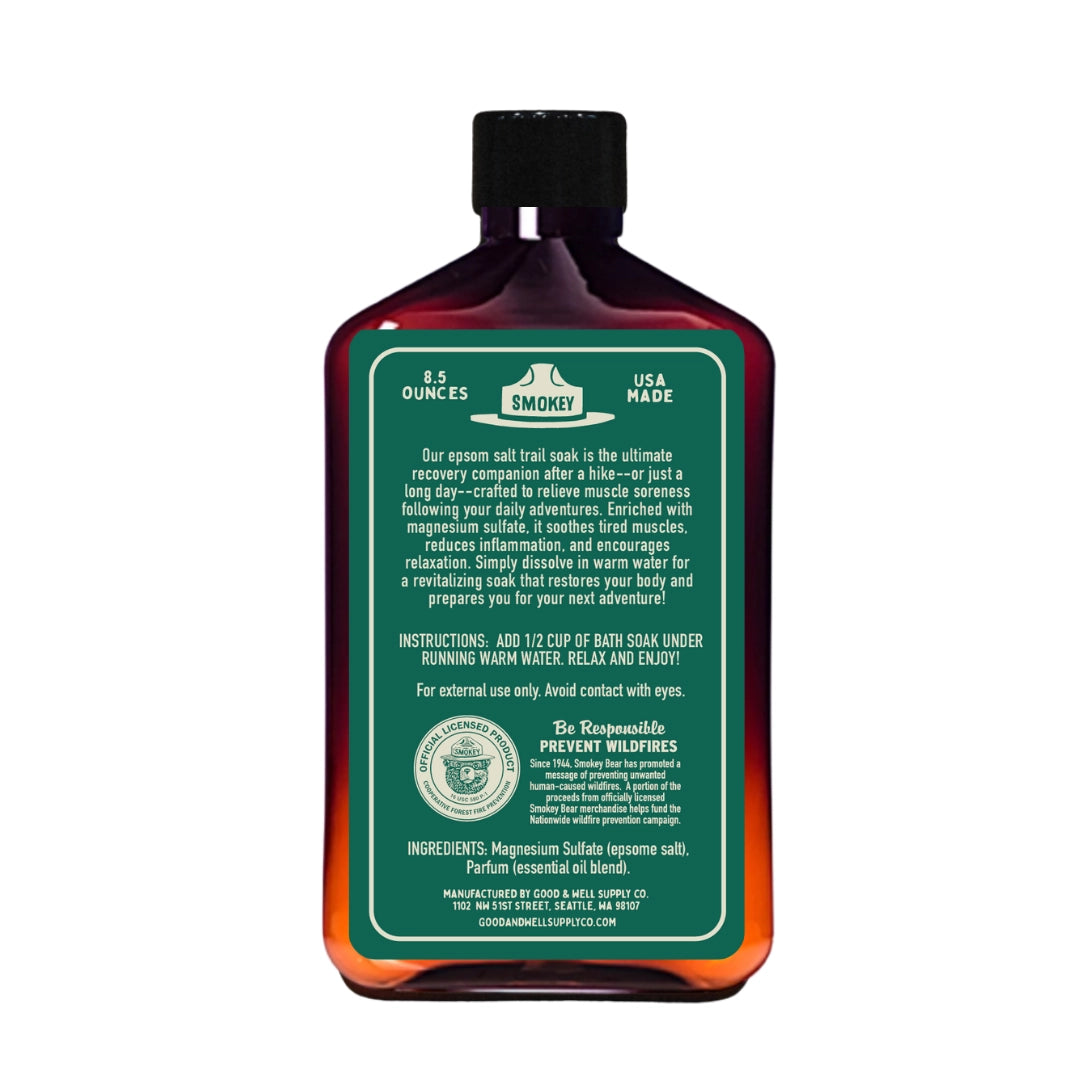 Good & Well Supply Co Smokey Bear Trail Soak bottle—fir & cedar, natural ingredients, bath soak, directions label, relaxing scent.