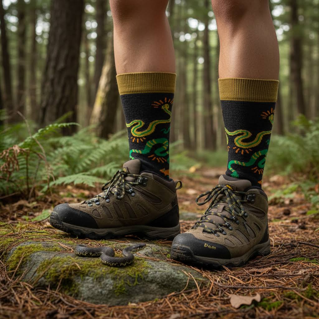 Forager Provisions LTD Darn Tough charcoal crew socks with green snake pattern worn with hiking boots in a forest