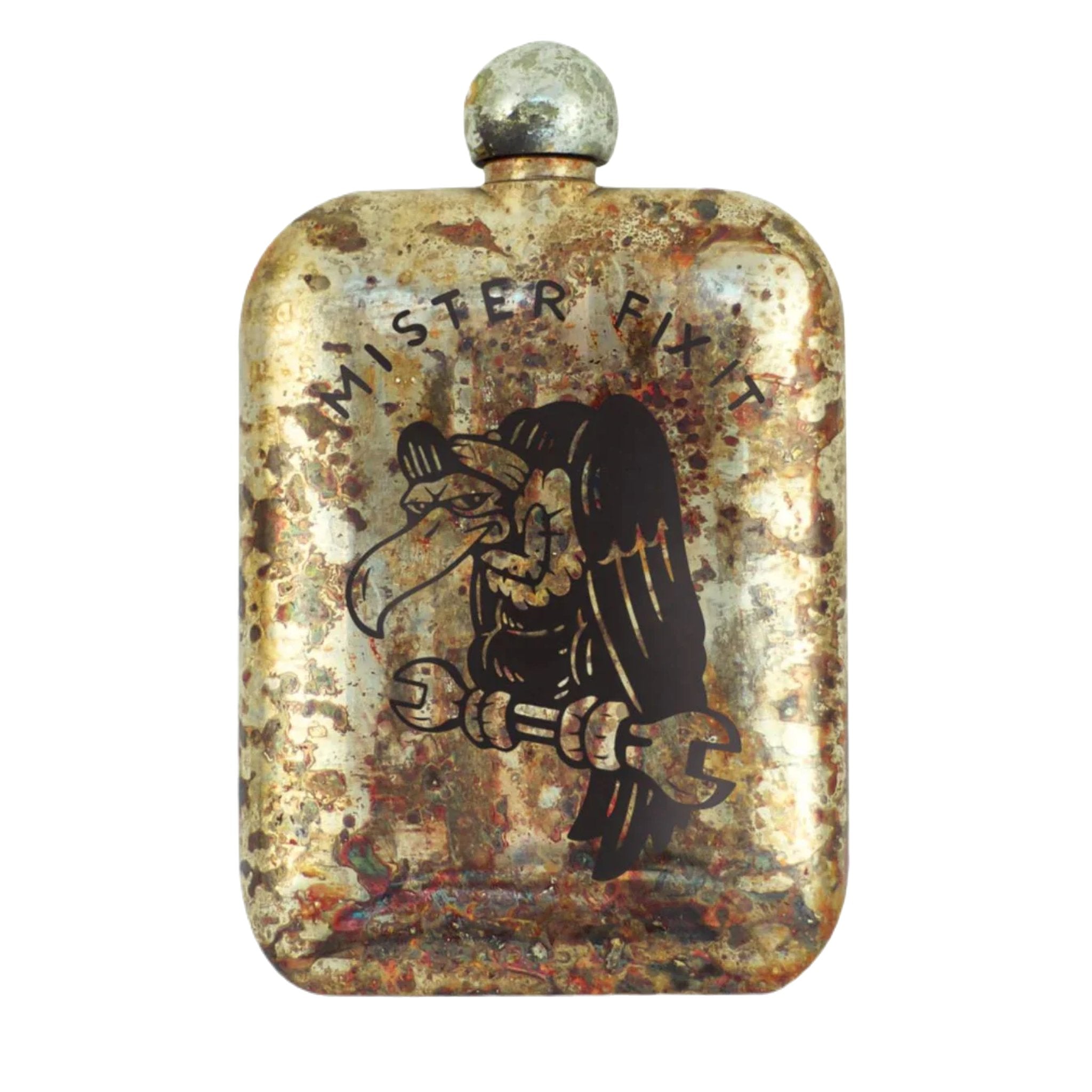 The Sneerwell Whiskey Flasks Mister Fix It features a vintage stainless steel design with the text "MISTER FIXIT" and a vulture illustration clutching a wrench, showcasing an aged and weathered patina. Ideal as a distinctive Father's Day gift, it is elegantly presented in a magnet clasp box.