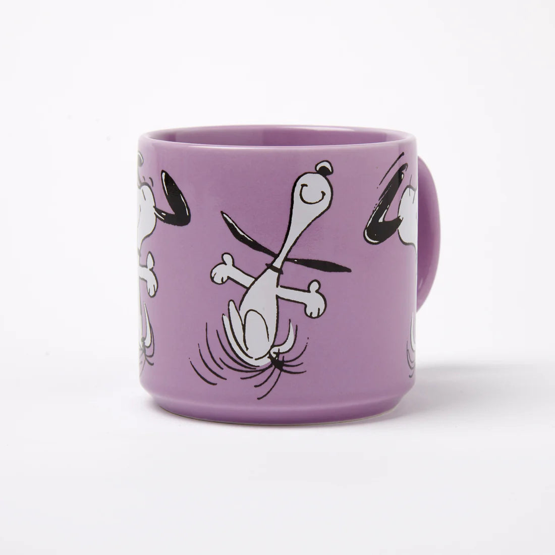 Magpie Gifts Snoopy Purple Mug—Happy Dance design, ideal Peanuts gift for fans, displayed on a plain white background.