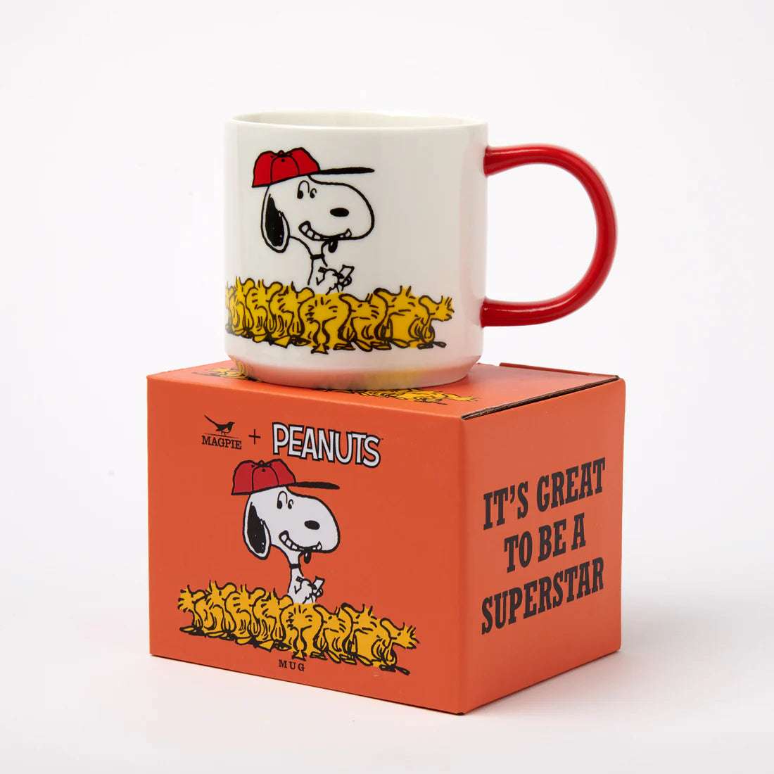 Snoopy and Woodstock Superstar Mug by Magpie, gift boxed in bright orange, perfect for Peanuts fans and collectors.