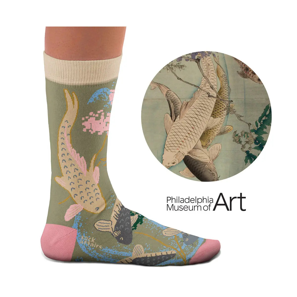 Sock Affairs Tsukioka Yoshitoshi Carp Swimming Socks with Philadelphia Museum of Art logo, inspired Japanese art footwear.