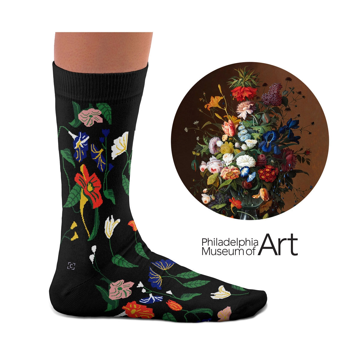 Severin Roesen inspired black socks with colorful floral design, vibrant art socks for creative style by Sock Affairs.