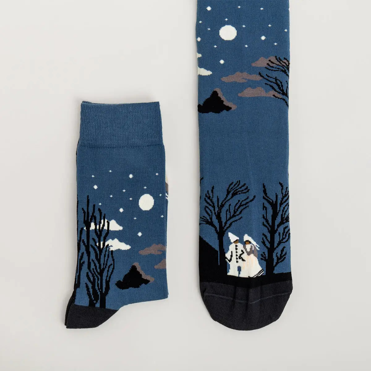 Carnival Evening Rousseau Socks: Surreal night sky, moon, trees & white wolf design—unique artistic socks by Sock Affairs.