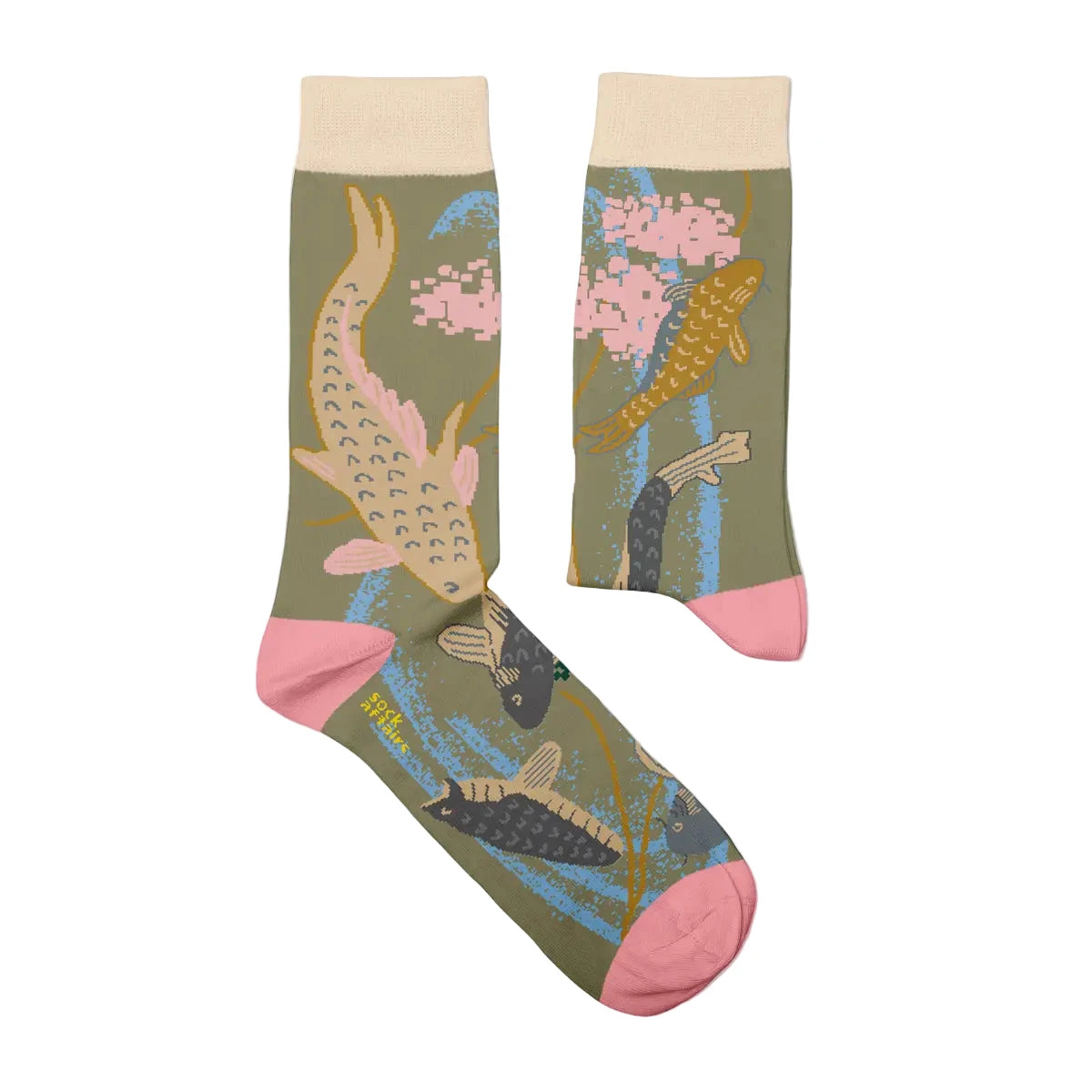 Tsukioka Yoshitoshi carp socks: koi fish, cherry blossoms, green water design, pink toes—unique Japanese art novelty socks.