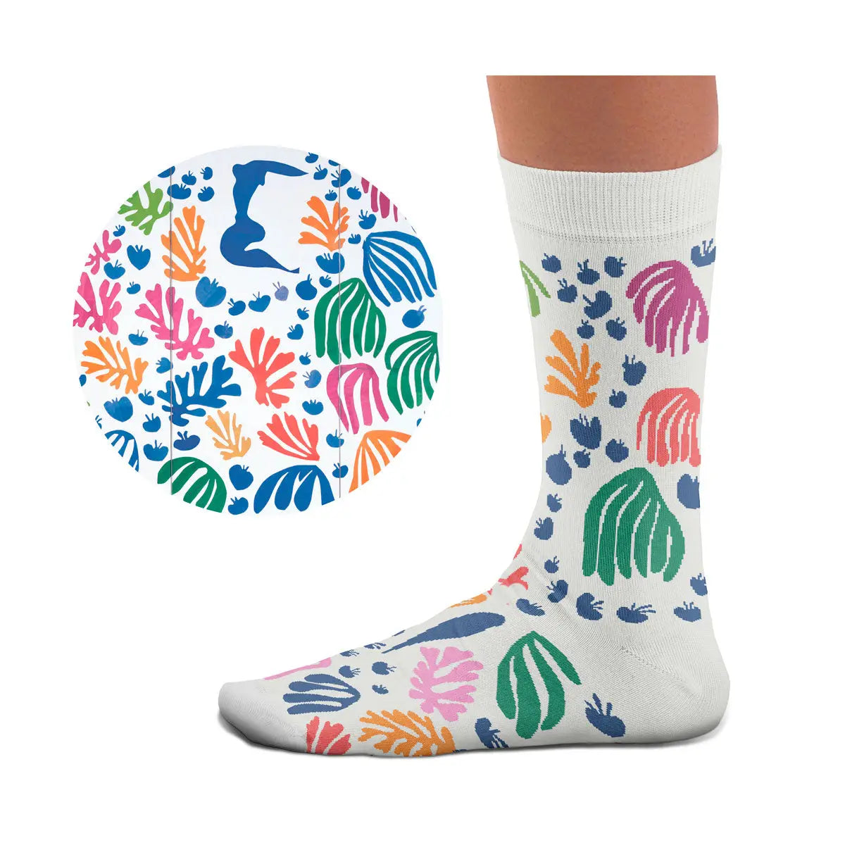 Sock Affairs Matisse the Parakeet and the Mermaid art socks: vibrant abstract white socks, colorful artistic patterned footwear.