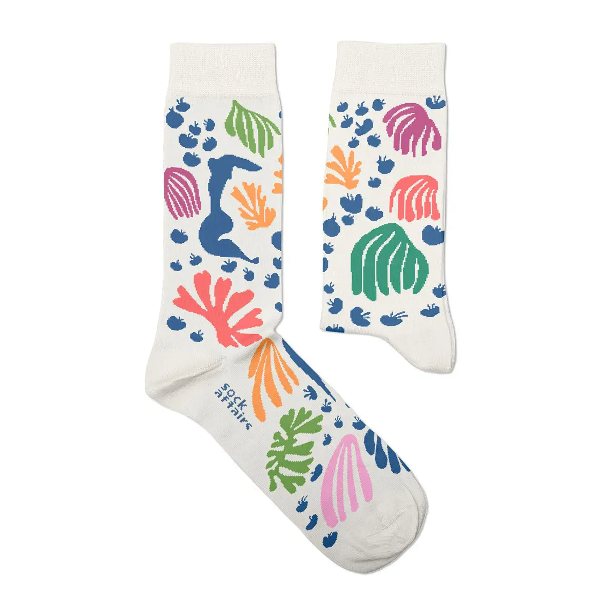 Sock Affairs Matisse Parakeet, Mermaid socks with colorful abstract plants, blue seahorse, vibrant unique design footwear.