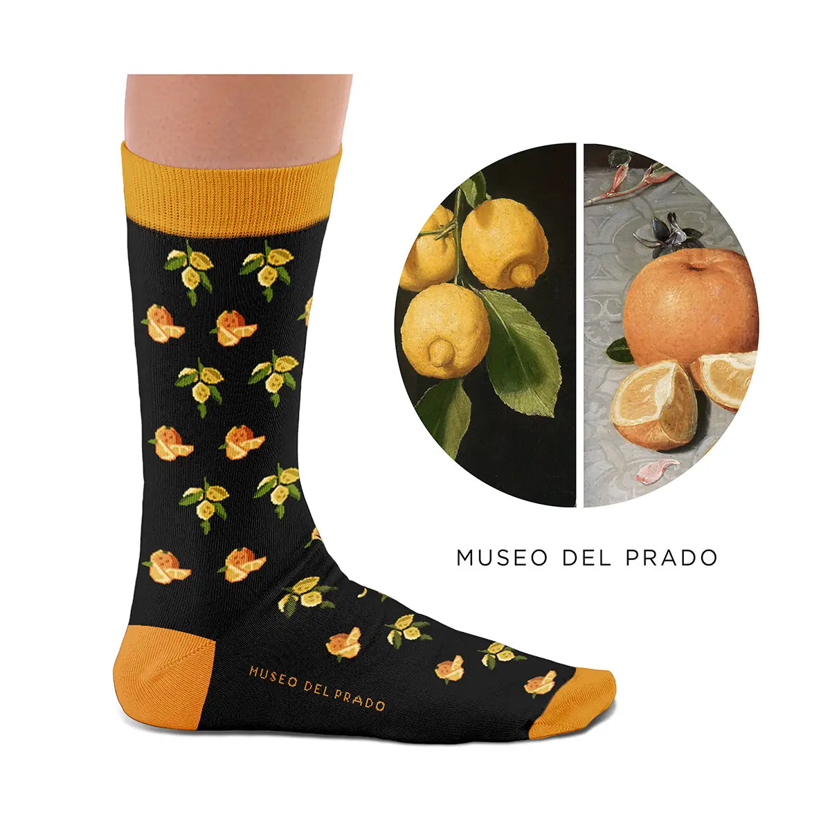 Shop Sock Affairs orange and lemon motif socks, cotton blend, Prado still-life inspired citrus design. Unique statement fashion socks.