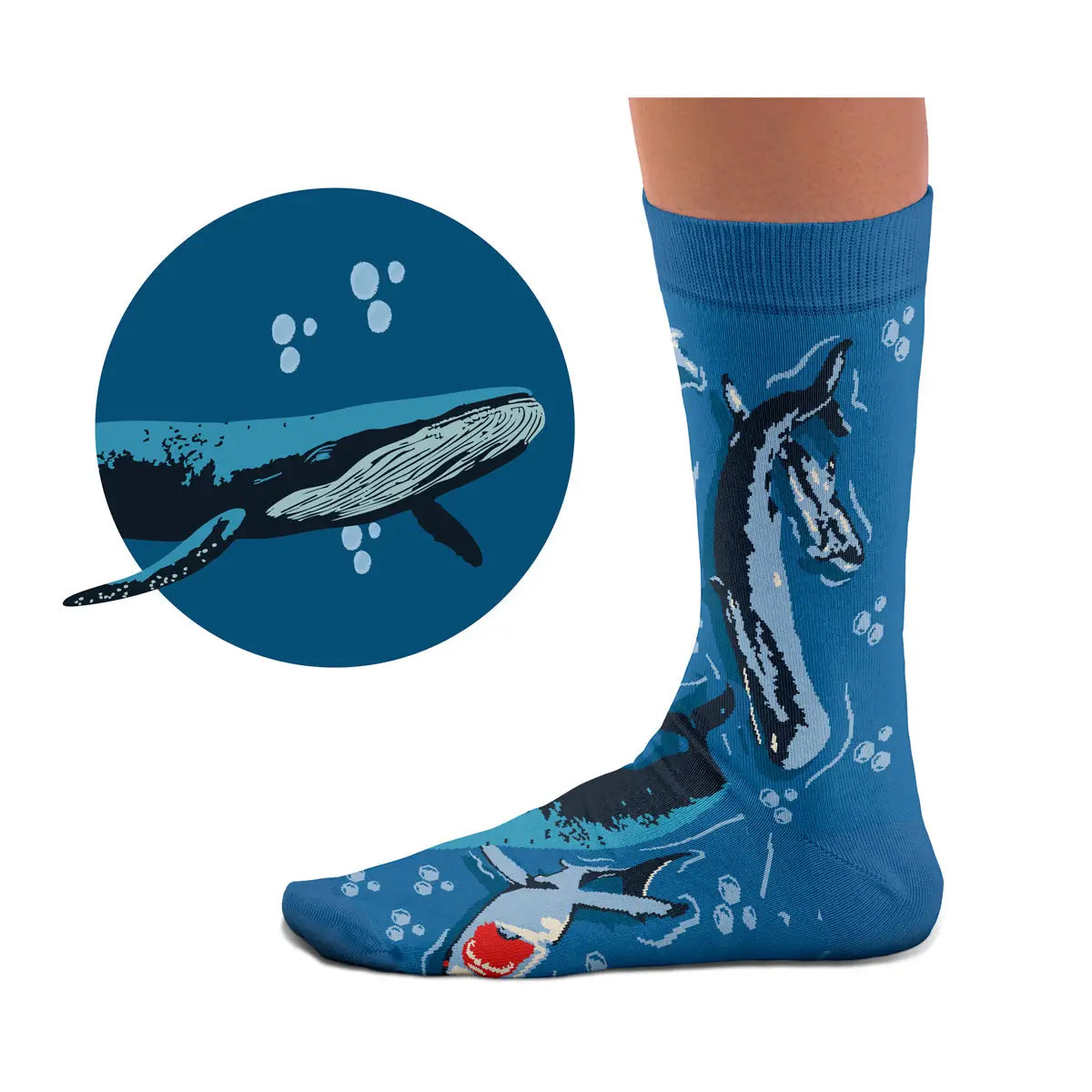 Sock Affairs Predators & Whales Socks with ocean whales and fish, blue design, eco-friendly cotton, unique men’s ocean socks.
