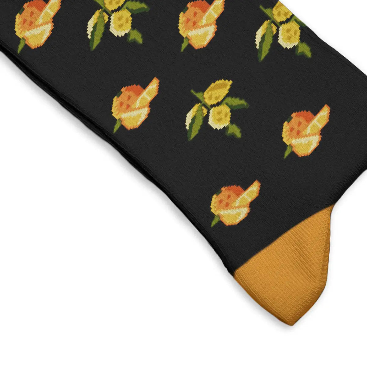 Colorful Sock Affairs socks with orange toe, pixelated orange and lemon design, citrus-inspired novelty crew socks for men and women.