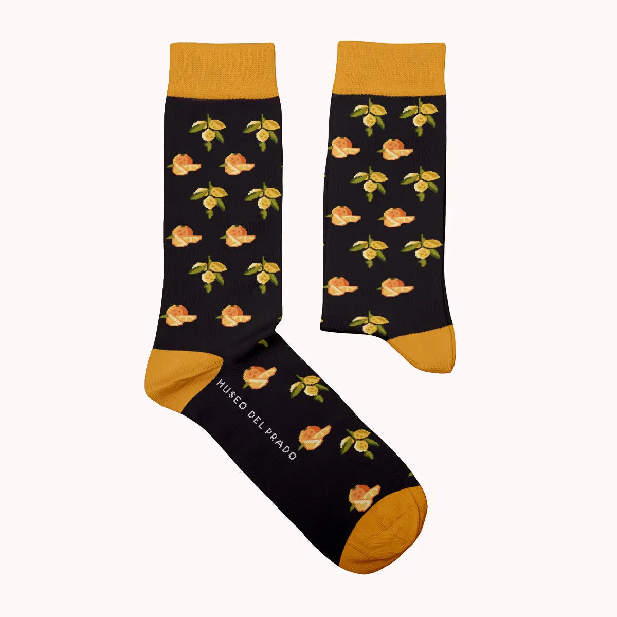 Sock Affairs Orange and Lemon Motif Socks with yellow accents, fruit pattern, citrus details, stylish, unique, fresh fashion socks.