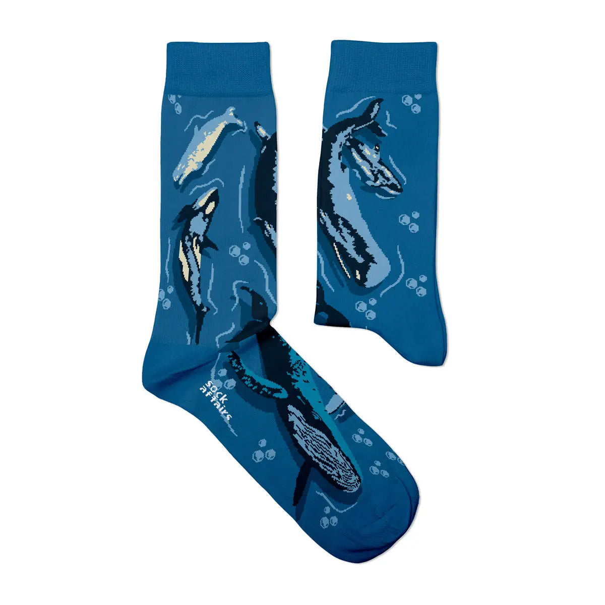 Blue cotton Sock Affairs Predators & Whales socks with whale prints and bubbles, displayed on a white background, stylish gift.