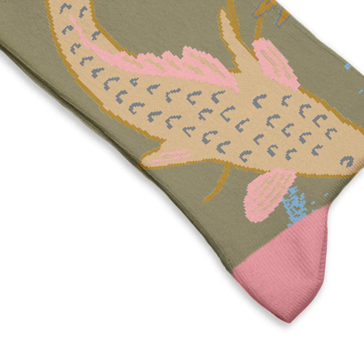 Sock Affairs Tsukioka Yoshitoshi Carp Swimming Socks—Japanese art-inspired green fish, pink toe, unique koi design crew socks.