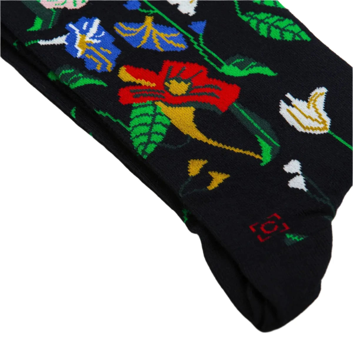 Black socks with vibrant floral designs, inspired by Severin Roesens art. Stylish wearable art from Sock Affairs collection.
