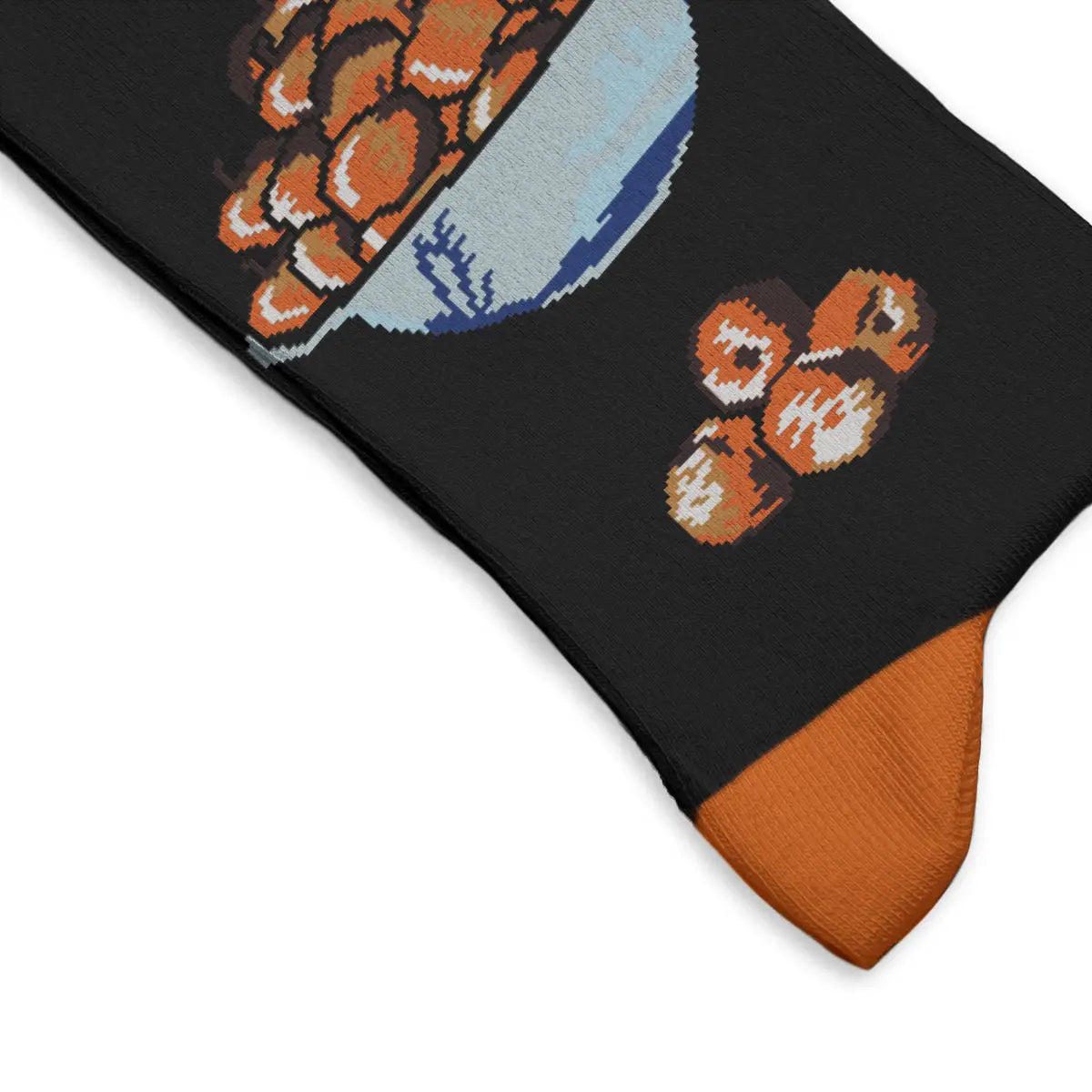 Black sock with orange toe, pixel art apples—ideal for Sock Affairs Apple Bowl Tomás Hiepes themed fashion enthusiasts.