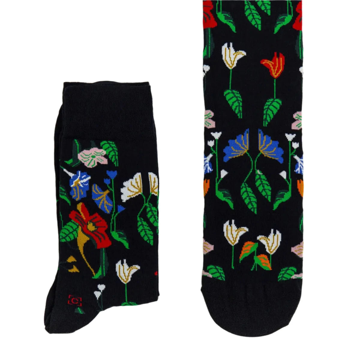 Black socks with vibrant floral designs inspired by Severin Roesen; unique artistic socks, stylish wearable art for feet.