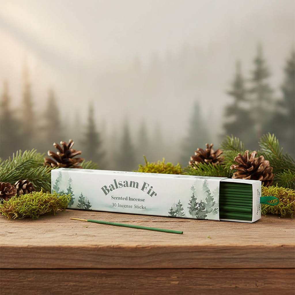 Forager Provisions LTD Balsam Fir incense sticks in a decorative box with pine cones and moss on a wooden table.
