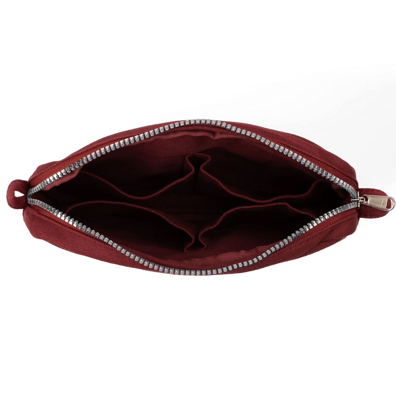 Soolla® Studio Artist Stationery Pouch Sangria Feb 2026, top view showing organized interior dividers on white background.