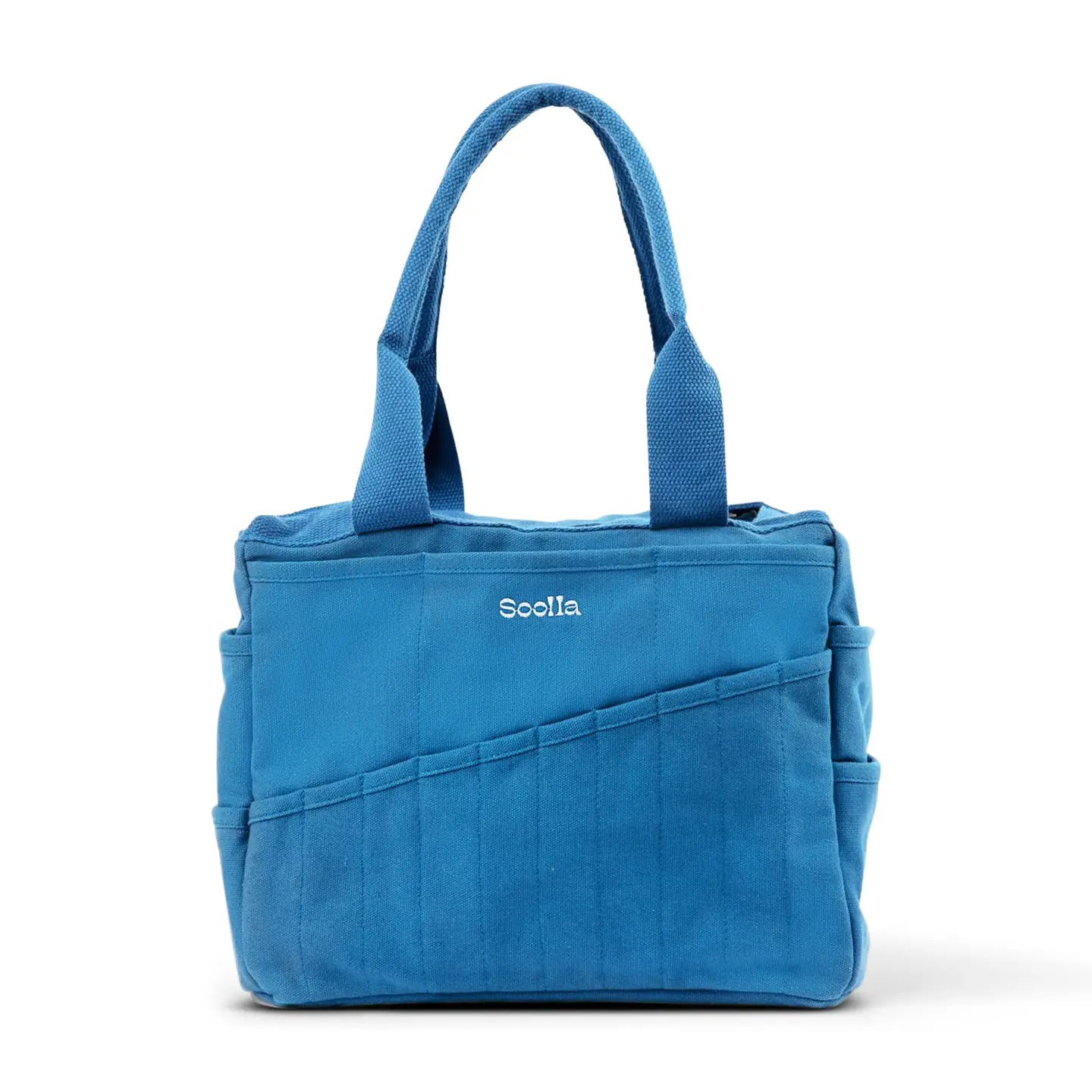 Soolla Studio Pottery Artist Bag in Blueberry Bliss with side pockets, Sooth logo embroidery, stylish handmade tote for artists.