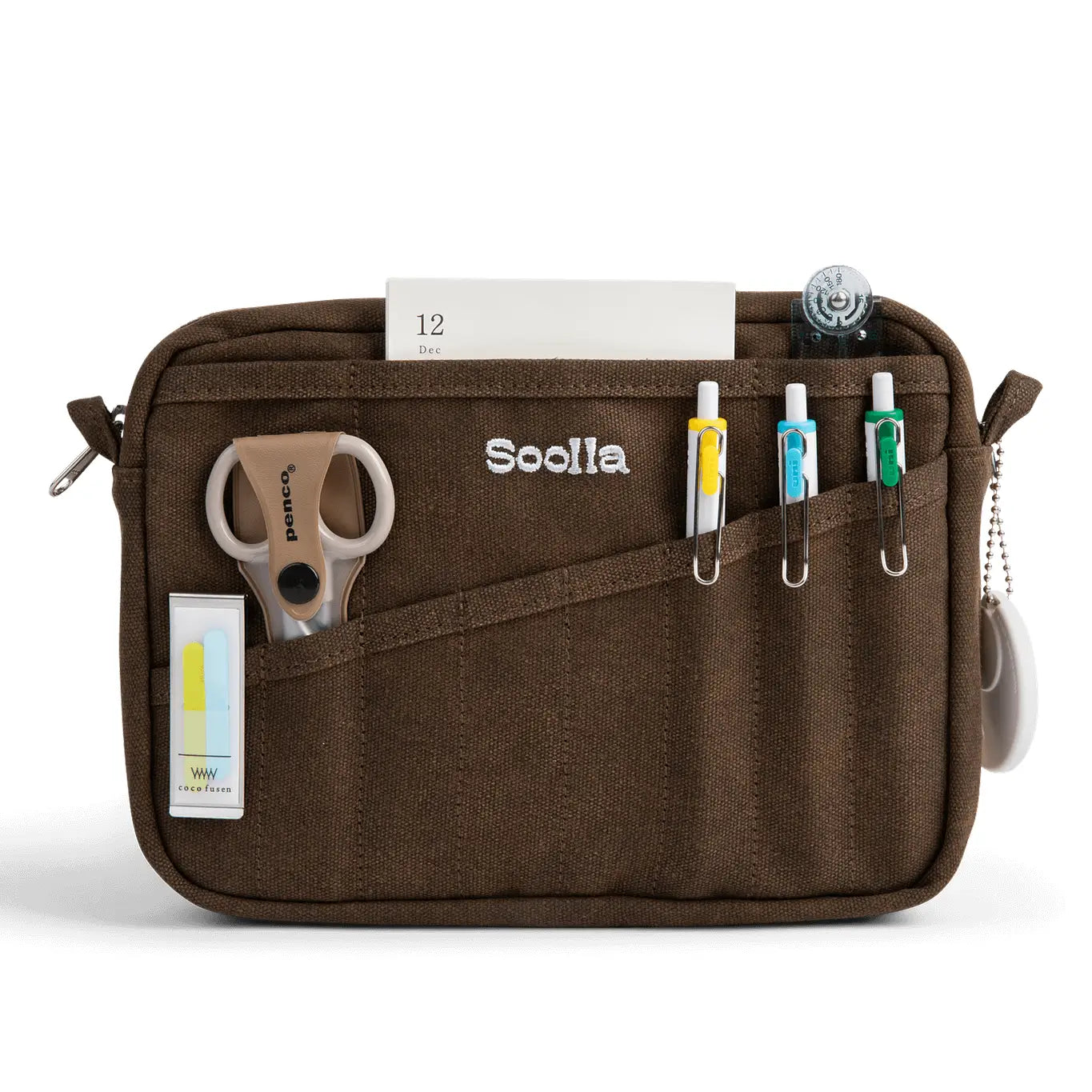Soolla® Studio Artist Stationery Pouch Coffee Bean with front pockets for scissors, pens, syringe, calendar & bandages.