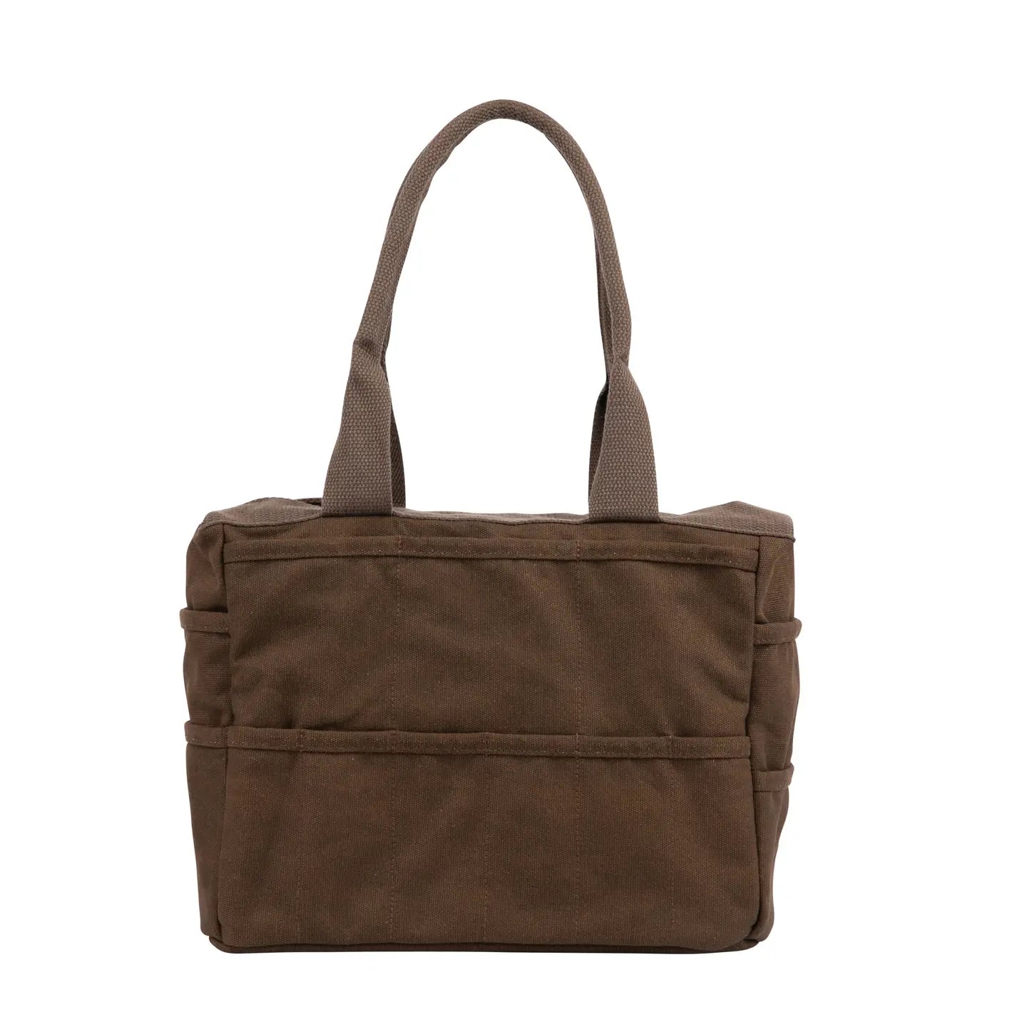 Soolla Studio Pottery Artist Bag in Coffee Bean color, with two handles & outer pocket, displayed on clean white background.