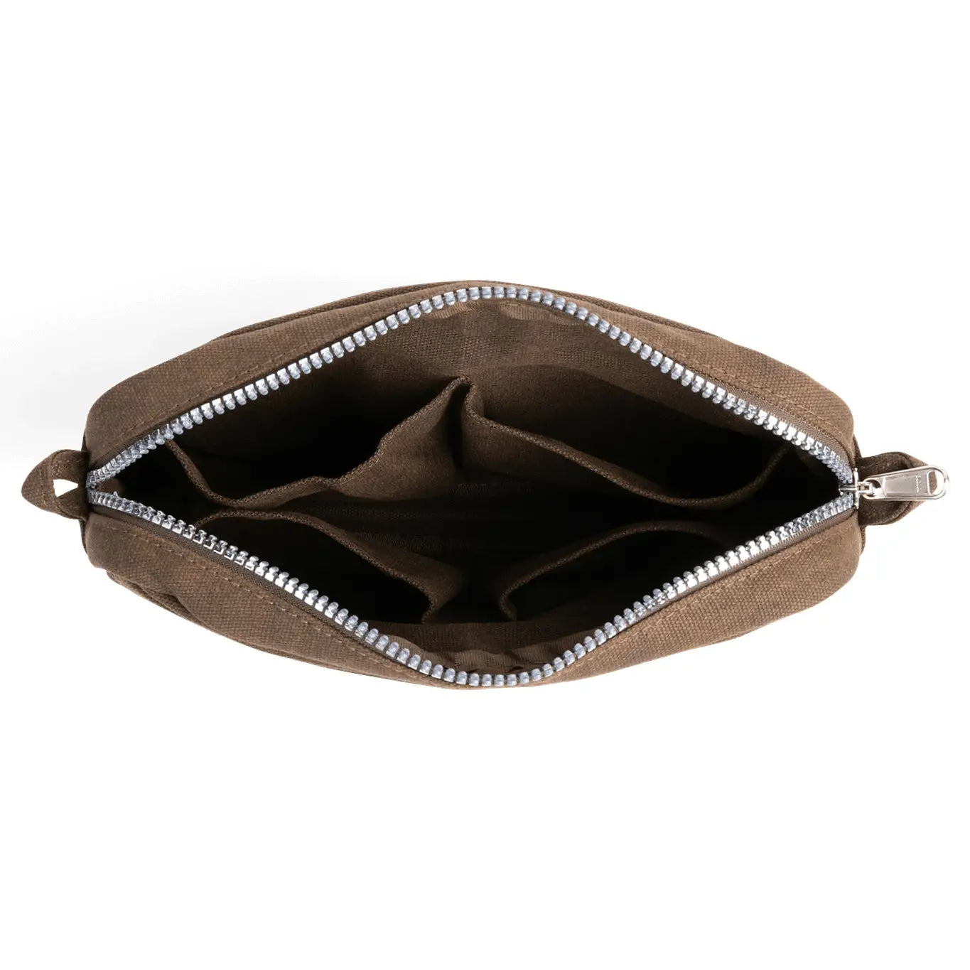 Soolla® Studio Artist Pouch Coffee Bean, open to show organized compartments, ideal stationery storage on white background.