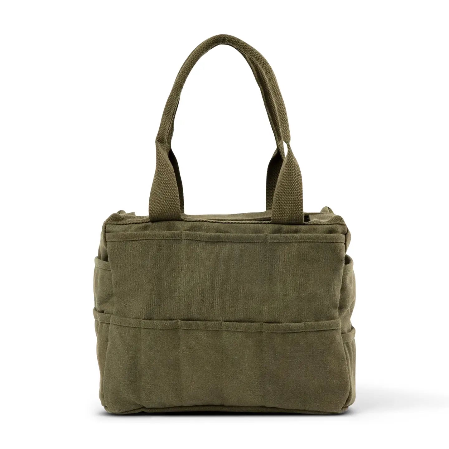 Soolla olive green canvas tote bag with dual handles and side pockets, stylish everyday carryall on a white background.