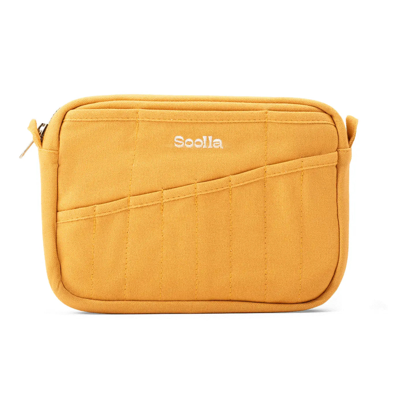 Soolla Studio Artist Stationery Pouch Sedona: Small mustard yellow rectangular pouch with "Soolla" embroidery detail.