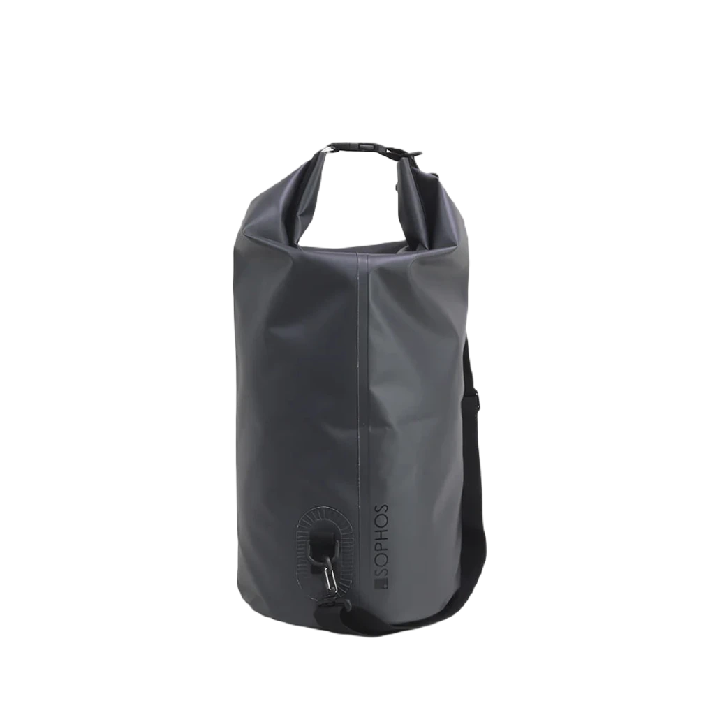 The Sophos Dry Sack Bag 20L Charcoal 500D PVC, featuring a gray waterproof roll-top design and an adjustable black shoulder strap, sits against a plain white background, perfect for adventure seekers.