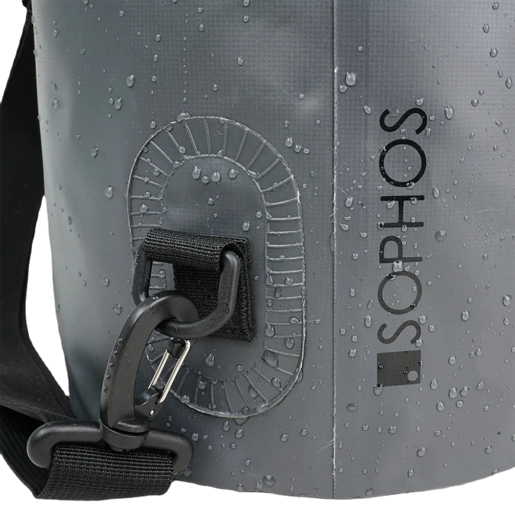 The Sophos Dry Sack Bag 20L Charcoal 500D PVC, featuring a gray waterproof roll-top design and an adjustable black shoulder strap, sits against a plain white background, perfect for adventure seekers.