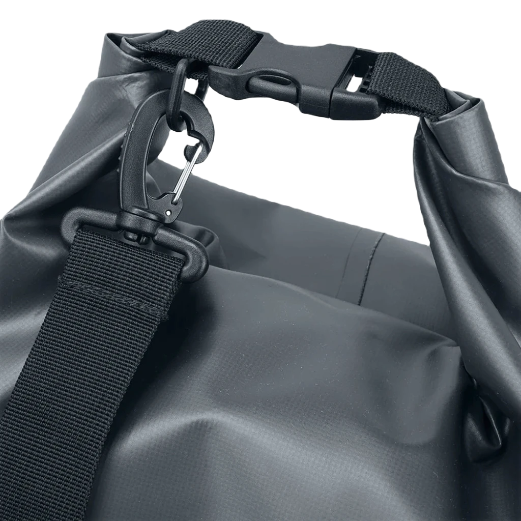 The Sophos Dry Sack Bag 20L Charcoal 500D PVC, featuring a gray waterproof roll-top design and an adjustable black shoulder strap, sits against a plain white background, perfect for adventure seekers.