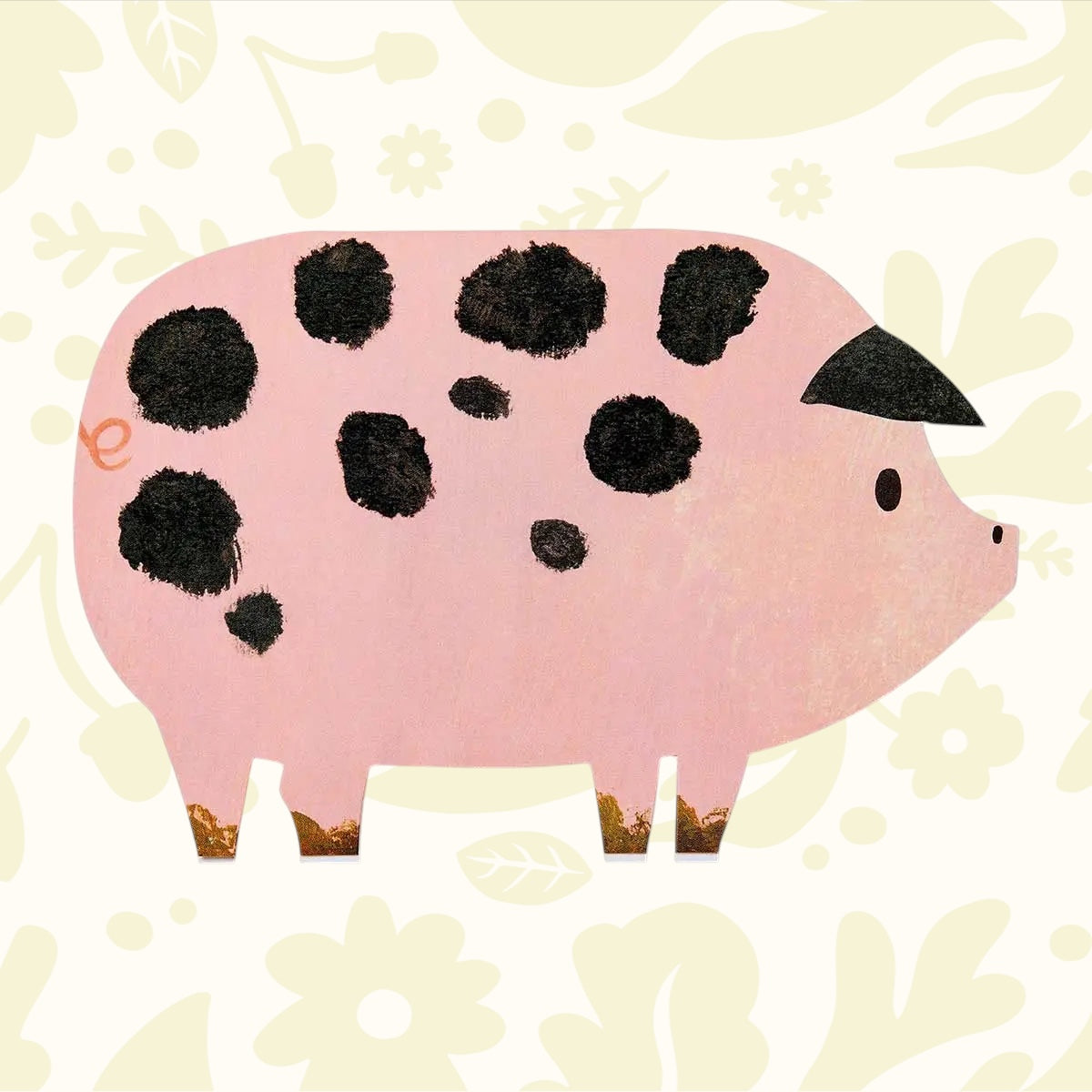 Forager Provisions LTD Mortlake Papers greeting card featuring a whimsical pink pig with black spots on a floral background