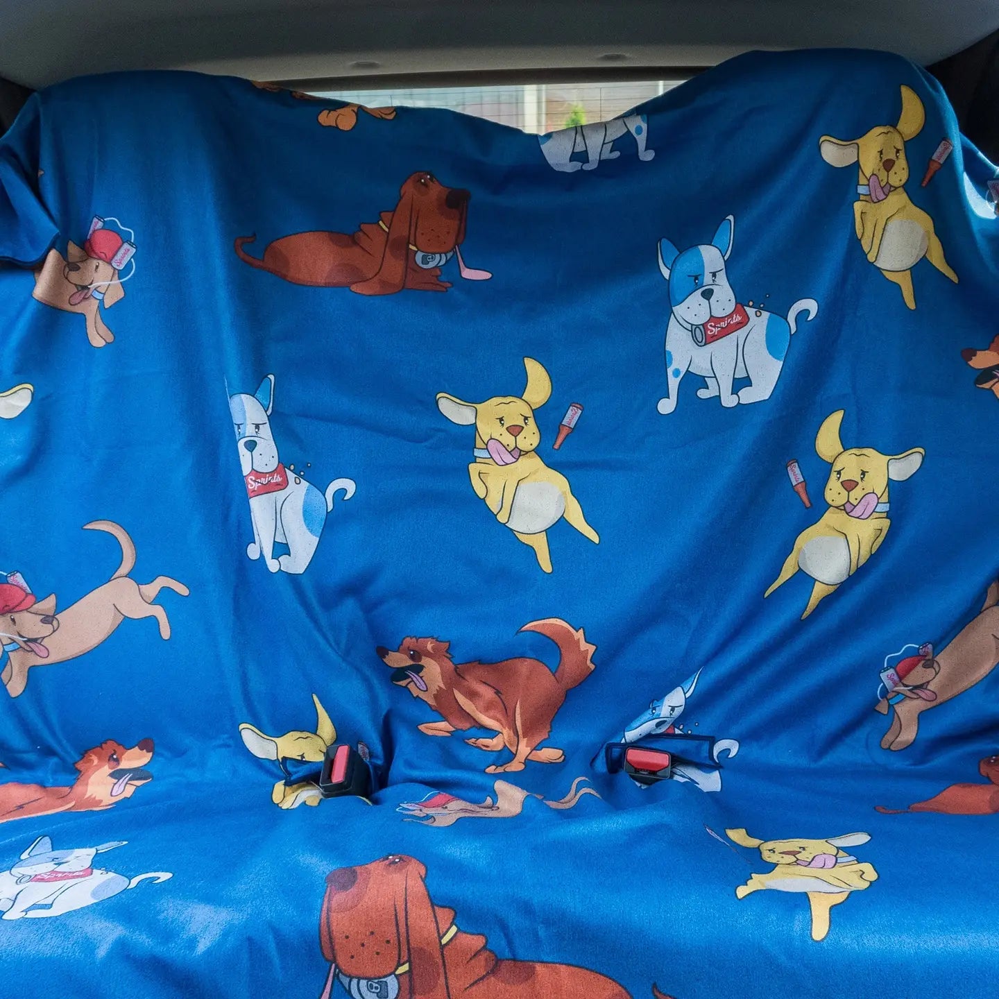 The Sprints Hair Of The Dog Party Size Towel & Car Seat Cover: playful cartoon dog print for a fun, unique car seat upgrade.