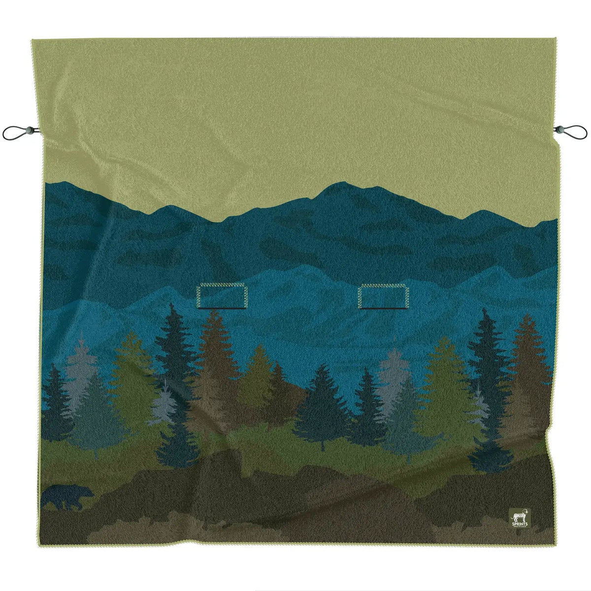 Forager Provisions LTD Sprints Grizzly Guide oversized towel and car seat cover with a mountain and forest bear print.