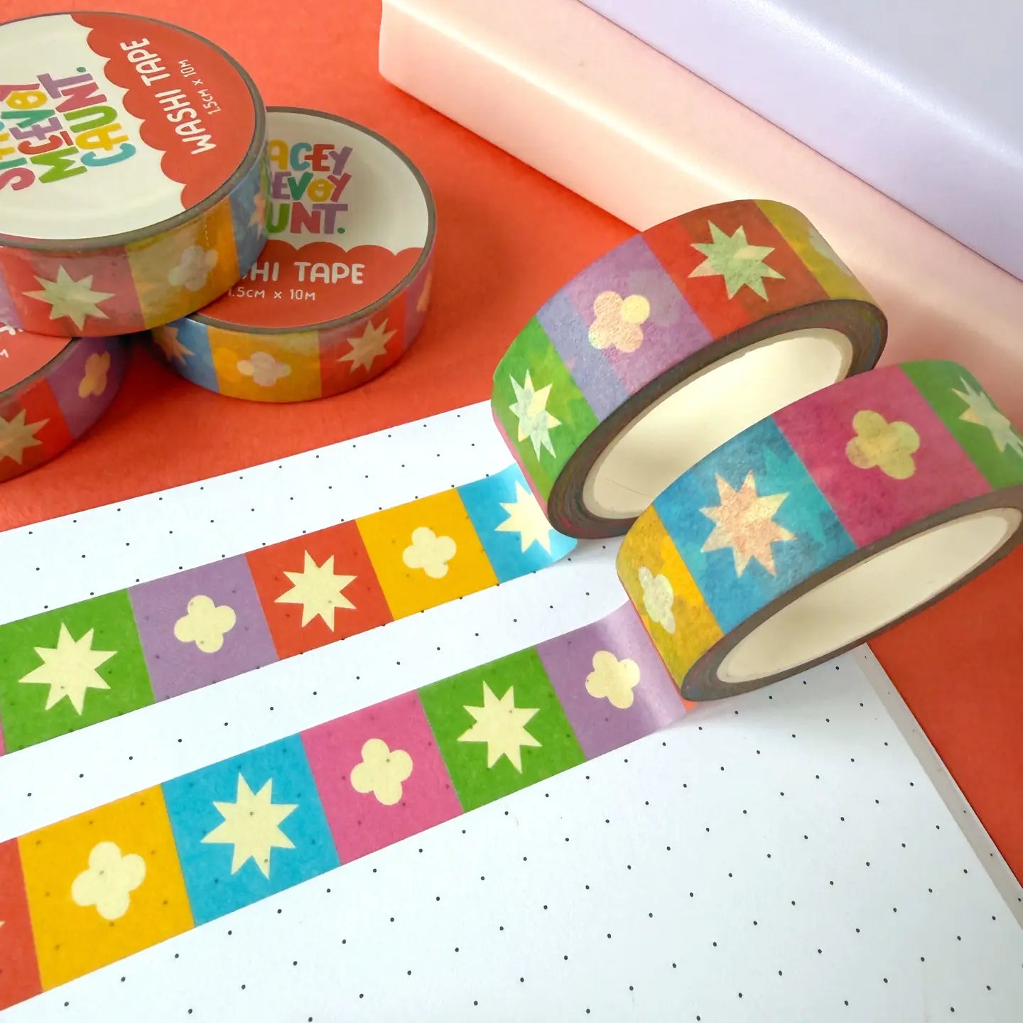 Stacey McEvoy Caunt Rainbow Medieval Grid Washi Tape rolls for journaling, arts, crafts on dotted white paper background.