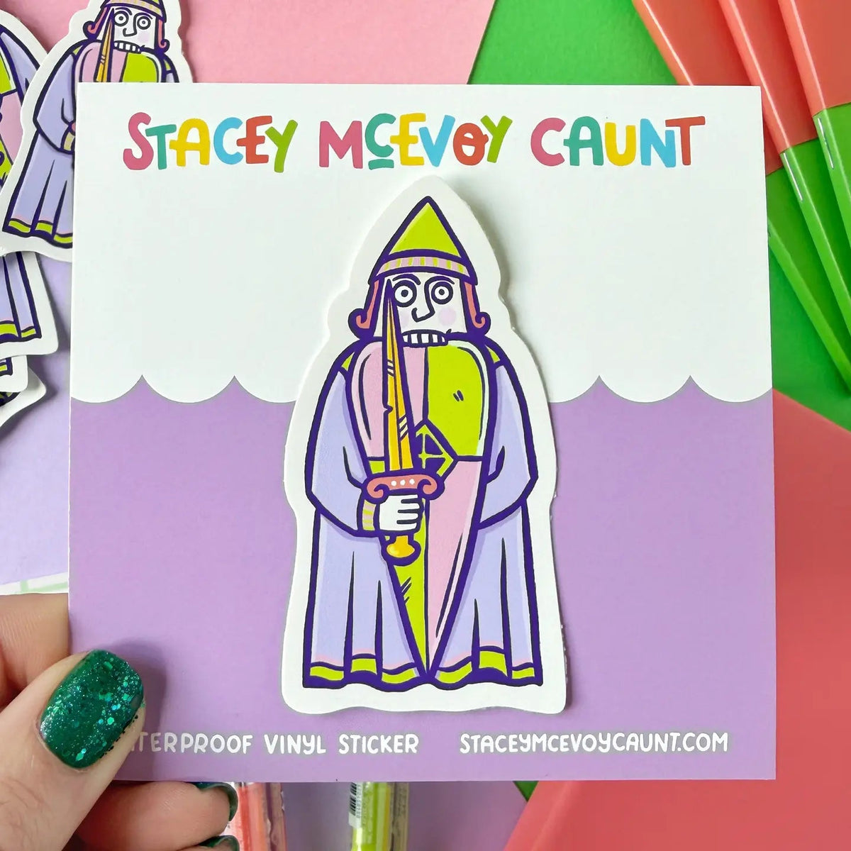 Forager Provisions LTD Stacey McEvoy Caunt vinyl sticker featuring a colourful medieval berserker rook chessman design.