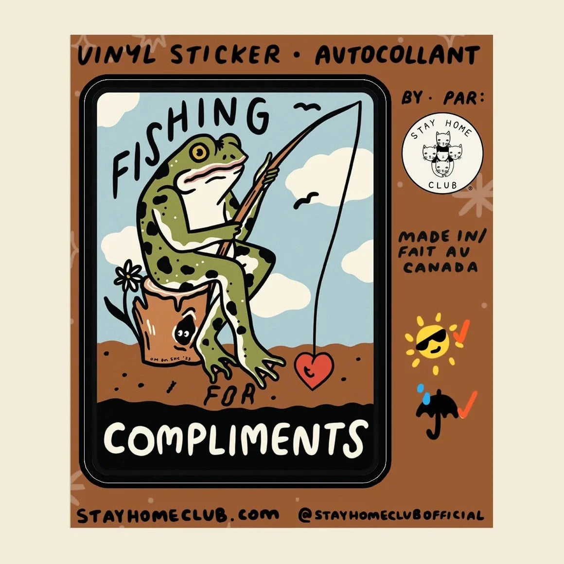 Stay Home Club sticker shows cartoon frog fishing a red heart. Cute vinyl decal, perfect for laptops, water bottles, and gifts.
