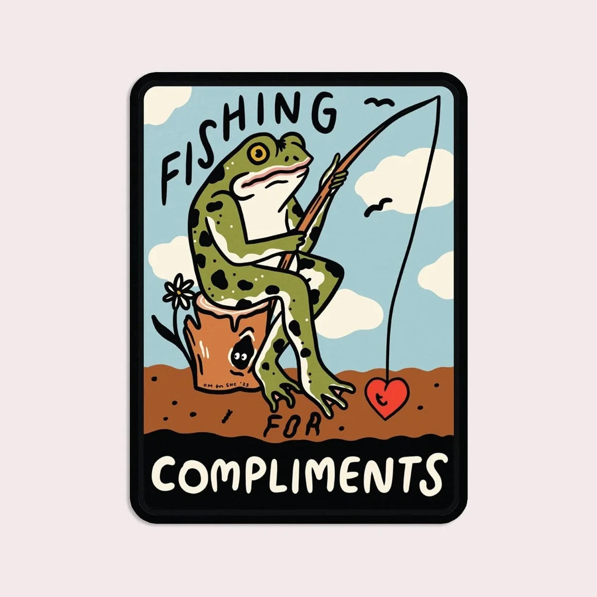 Stay Home Club sticker of a cute frog fishing with heart-shaped bait, unique vinyl decal, perfect for laptops, water bottles, and gifts.