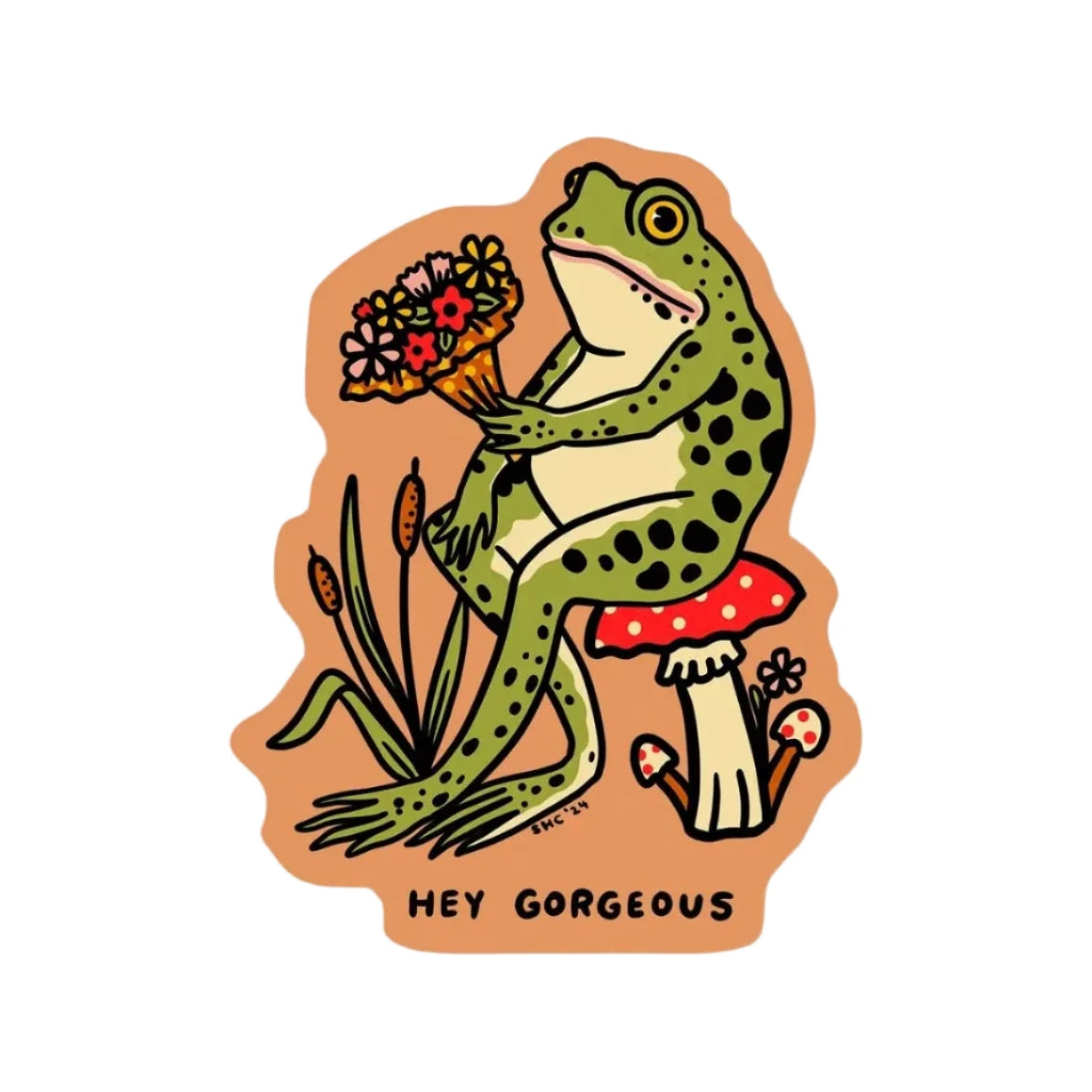 Cute green spotted frog on mushroom with flowers, Stay Home Club Hey Gorgeous vinyl sticker, whimsical nature decor gift.