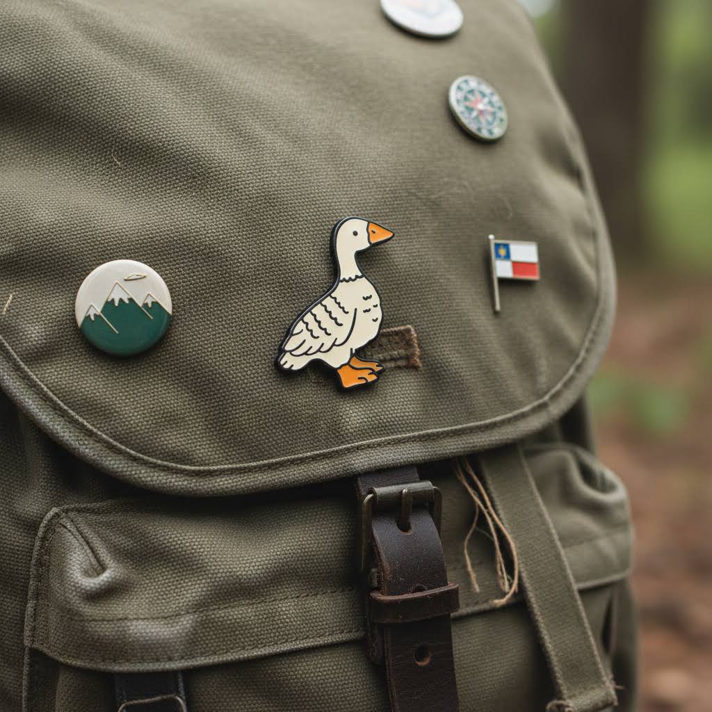 Forager Provisions LTD Stay Home Club Fowl enamel pin attached to an olive green canvas backpack with other pins.